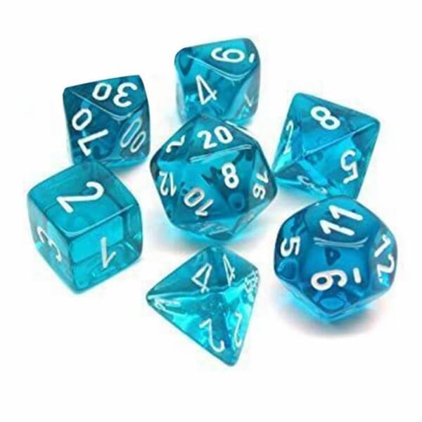 Sada kostek Chessex Translucent Teal/White Mini Polyhedral 7-Die Set
