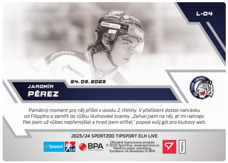 Hokejové karty Tipsport ELH 2023-2024 - L-04 Jaromír Pérez