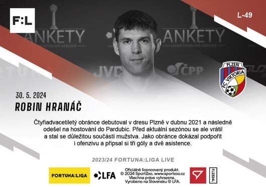 Fotbalová karta Fortuna Liga 23-24 L-49 Robin Hranáč