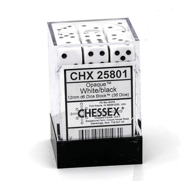 Sada kostek Chessex White w/Black 12mm D6 Dice Blocks (25801) - 36ks