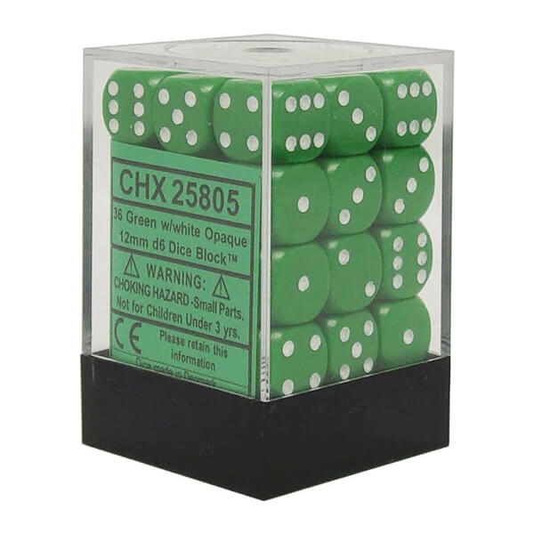 Sada kostek Chessex Green w/White 12mm D6 Dice Blocks (25805) - 36 ks