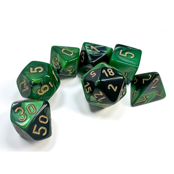 Sada kostek Chessex Gemini Black-Green/Gold Polyhedral 7-Die Set CHX26439