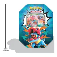 Pokémon plechovka Ascended Heroes Tin - Mega Feraligatr ex rozměry